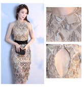 Champagne Crystal Beaded Lace 3D Floral Cocktail Dress - FashionByTeresa